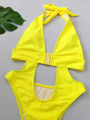 Fluorescent Yellow One Piece Swimsuit Solid Color High Waist Hollow Out Belt Bikini Monokini Beach Swimwear