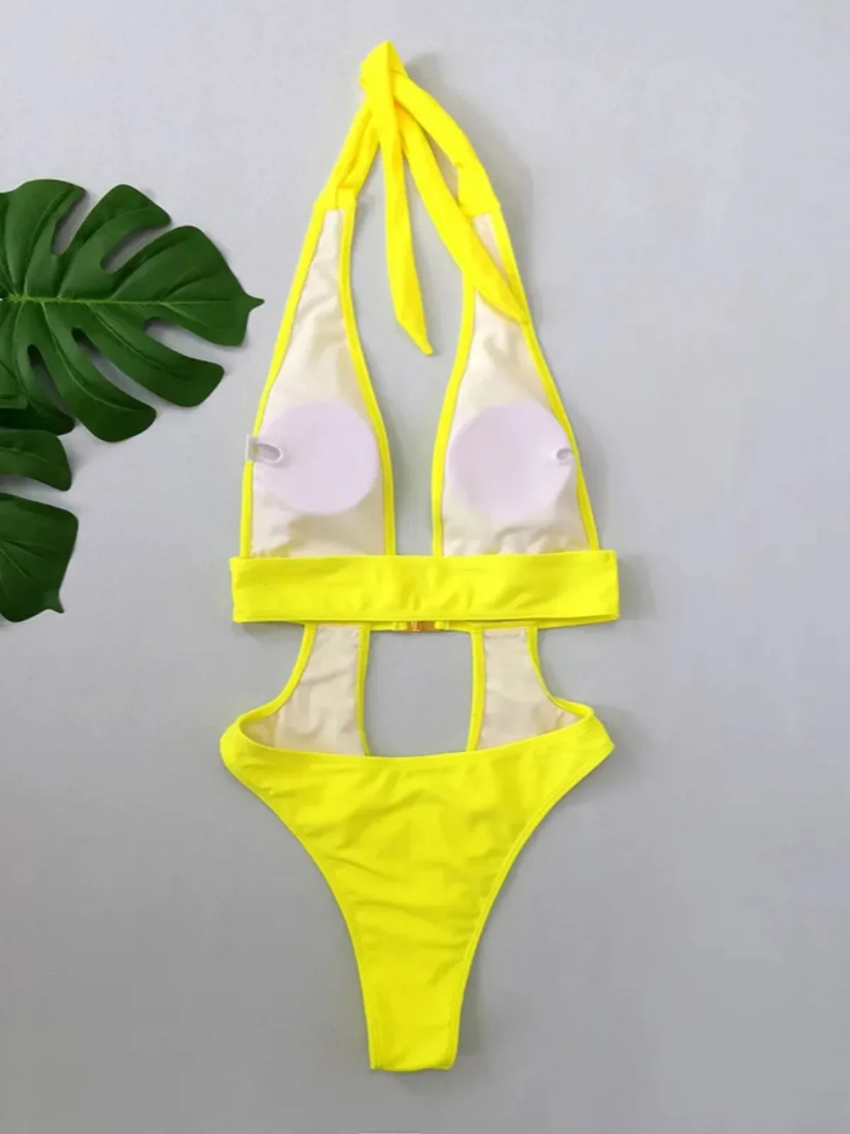 Fluorescent Yellow One Piece Swimsuit Solid Color High Waist Hollow Out Belt Bikini Monokini Beach Swimwear