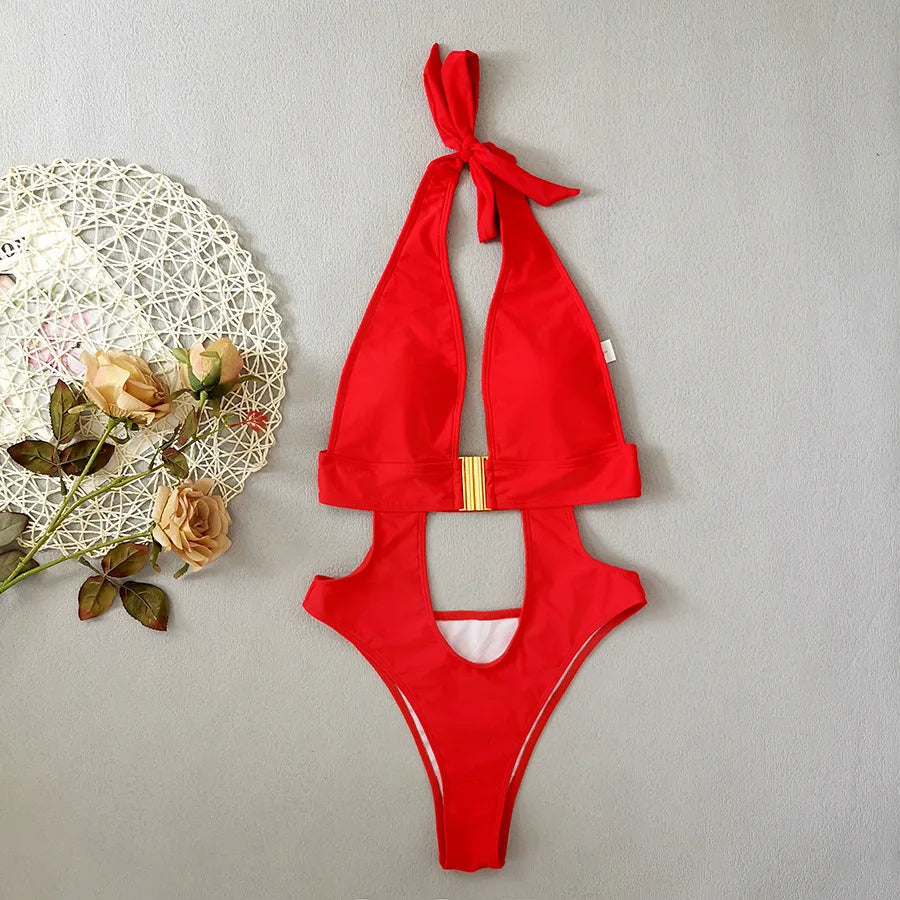Fluorescent Yellow One Piece Swimsuit Solid Color High Waist Hollow Out Belt Bikini Monokini Beach Swimwear