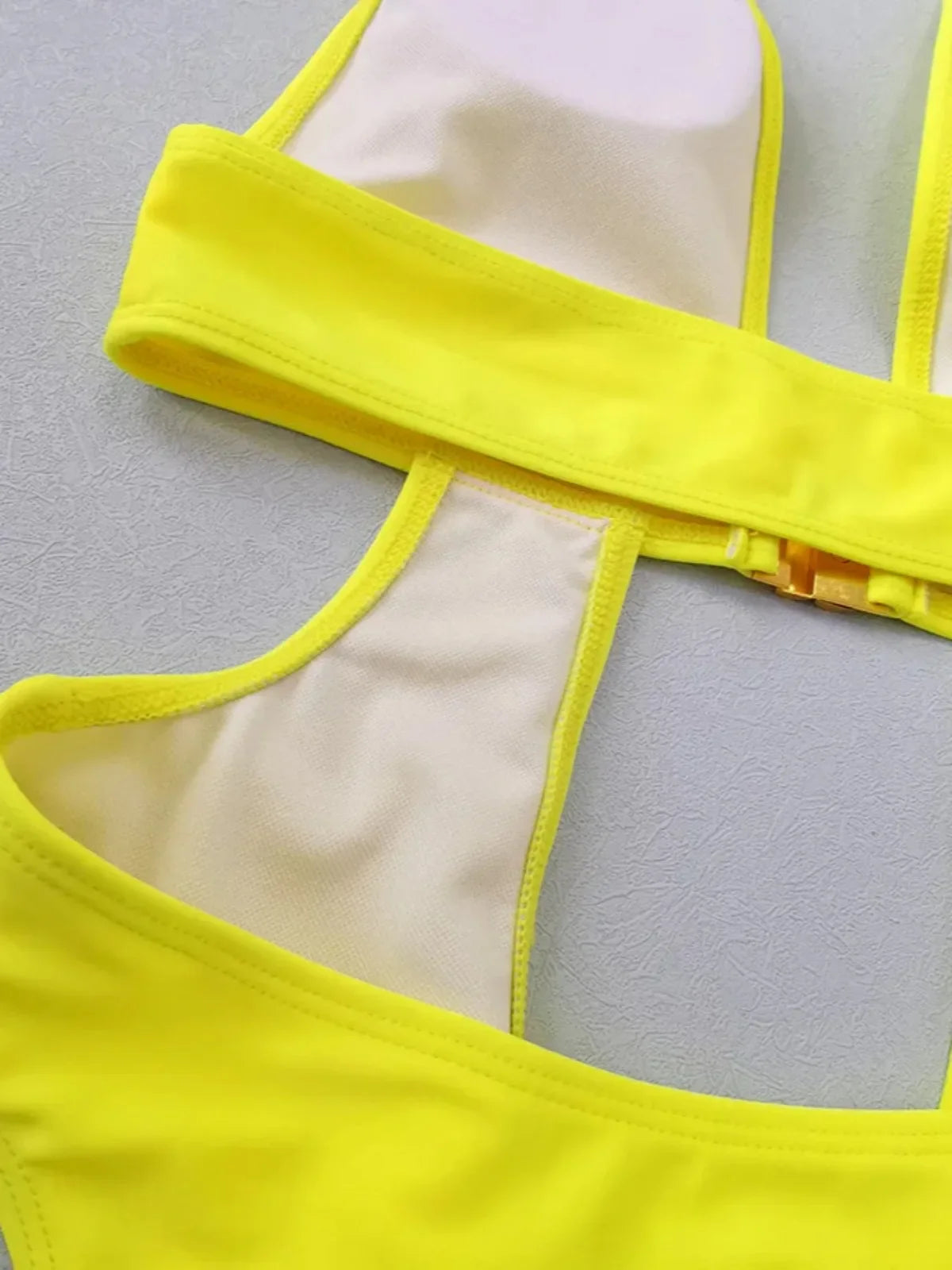 Fluorescent Yellow One Piece Swimsuit Solid Color High Waist Hollow Out Belt Bikini Monokini Beach Swimwear