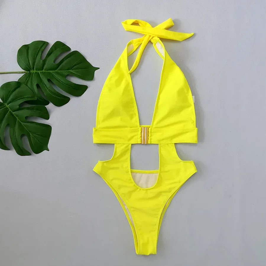 Fluorescent Yellow One Piece Swimsuit Solid Color High Waist Hollow Out Belt Bikini Monokini Beach Swimwear