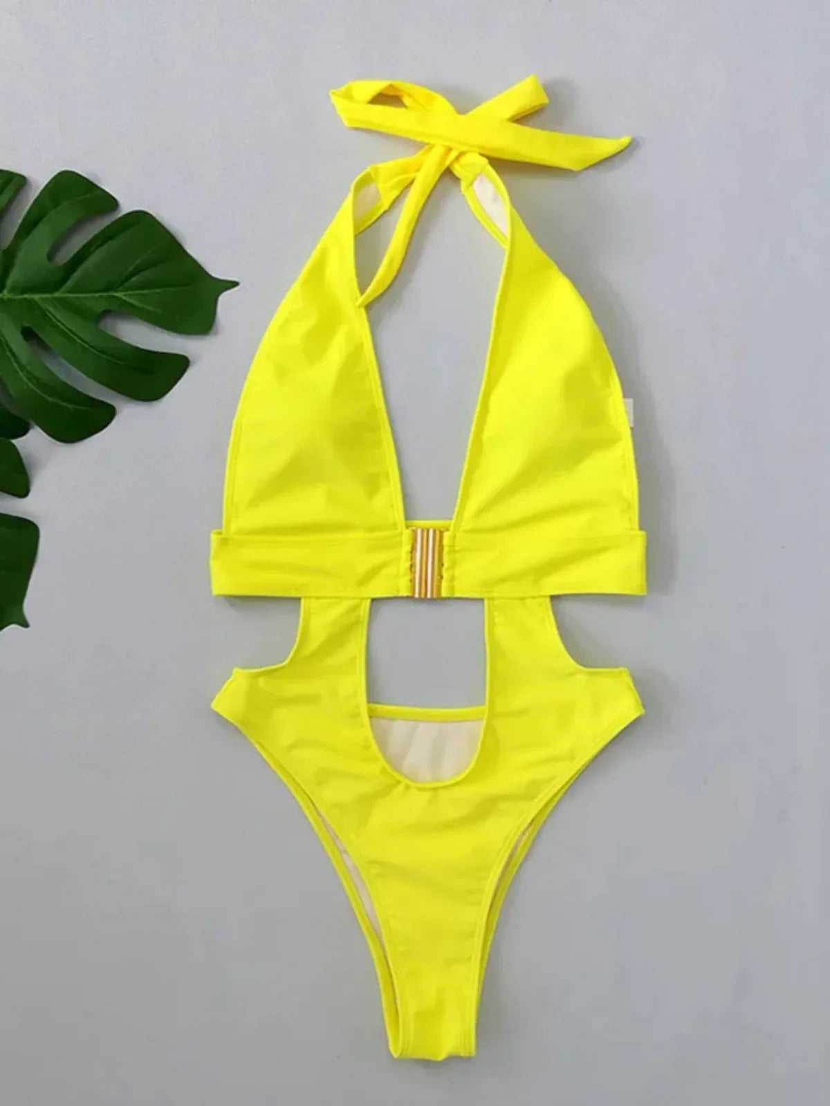 Fluorescent Yellow One Piece Swimsuit Solid Color High Waist Hollow Out Belt Bikini Monokini Beach Swimwear
