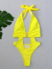 Fluorescent Yellow One Piece Swimsuit Solid Color High Waist Hollow Out Belt Bikini Monokini Beach Swimwear