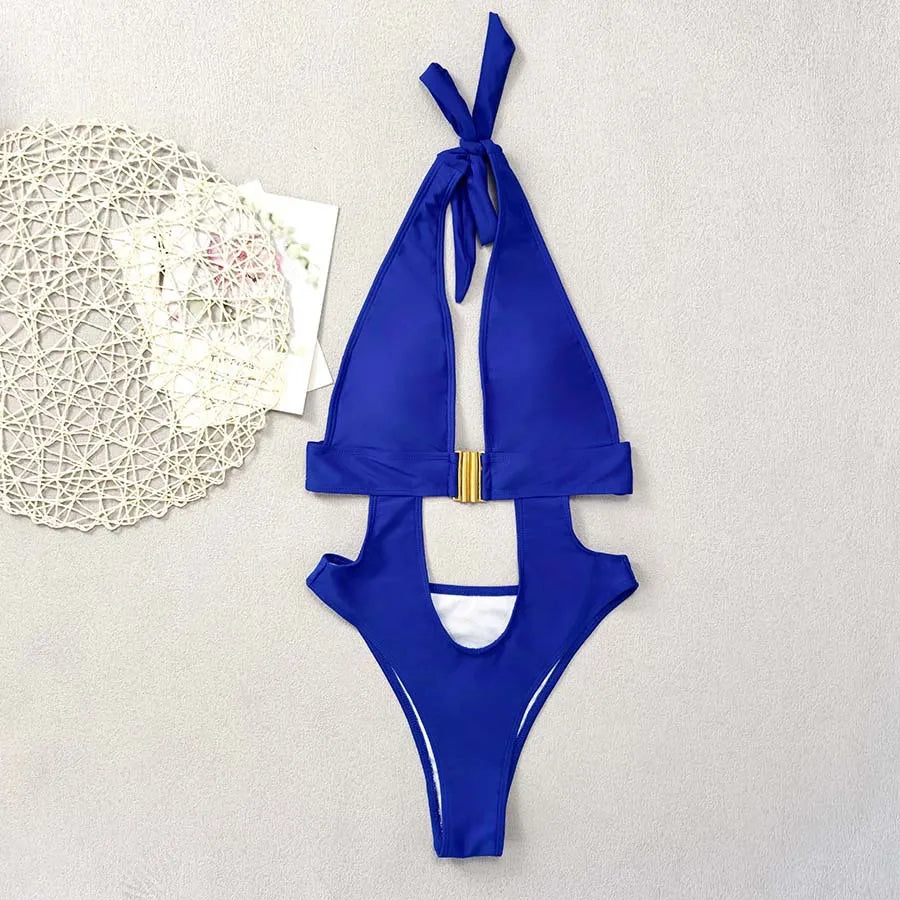 Fluorescent Yellow One Piece Swimsuit Solid Color High Waist Hollow Out Belt Bikini Monokini Beach Swimwear