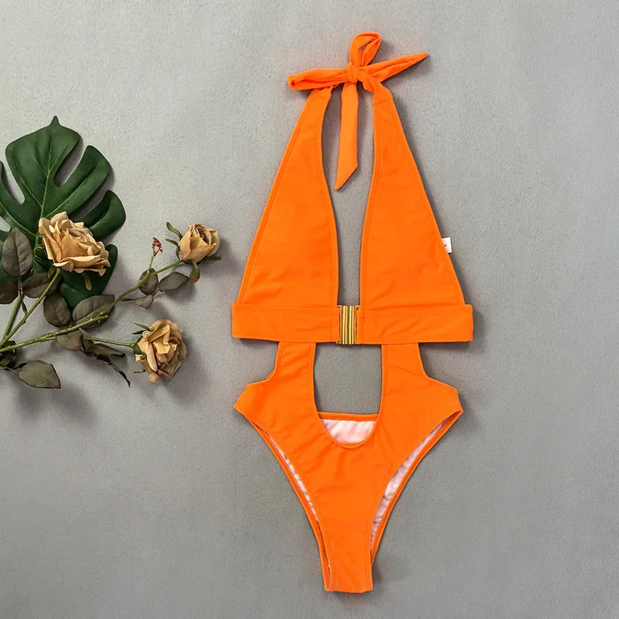 Fluorescent Yellow One Piece Swimsuit Solid Color High Waist Hollow Out Belt Bikini Monokini Beach Swimwear