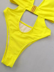 Fluorescent Yellow One Piece Swimsuit Solid Color High Waist Hollow Out Belt Bikini Monokini Beach Swimwear