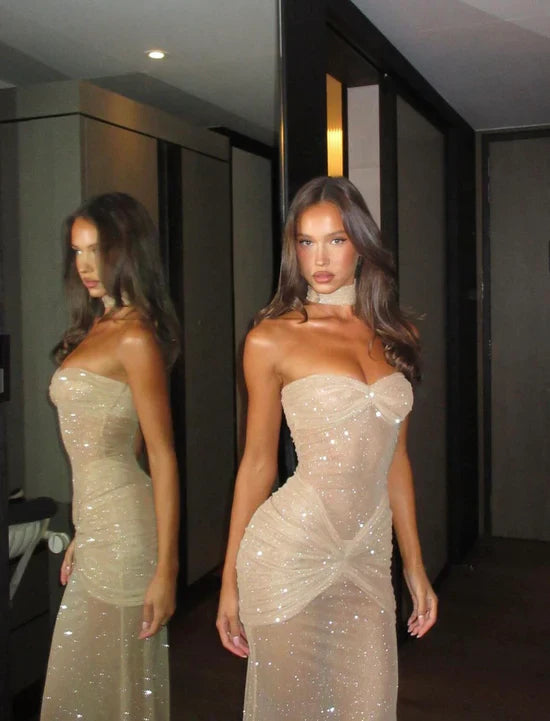 Elegant Strapless Shiny Backless Dress
