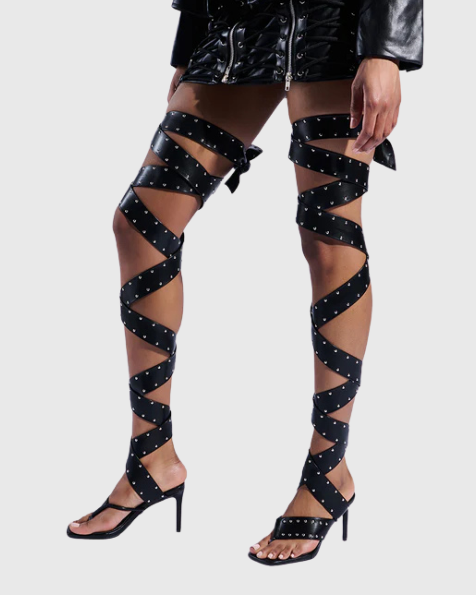 Geltrude Studded Lace Up Bondage Leather Thong Sandals