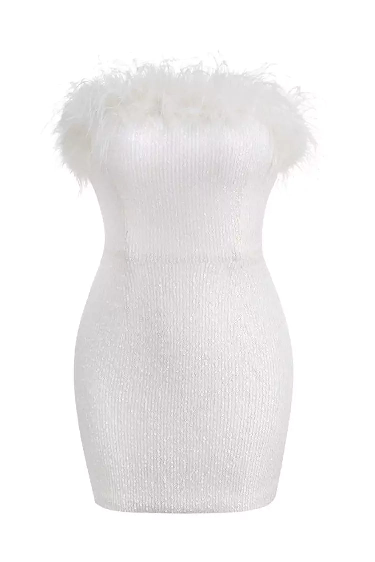 Peira Sequin Feather MIni Dress-White