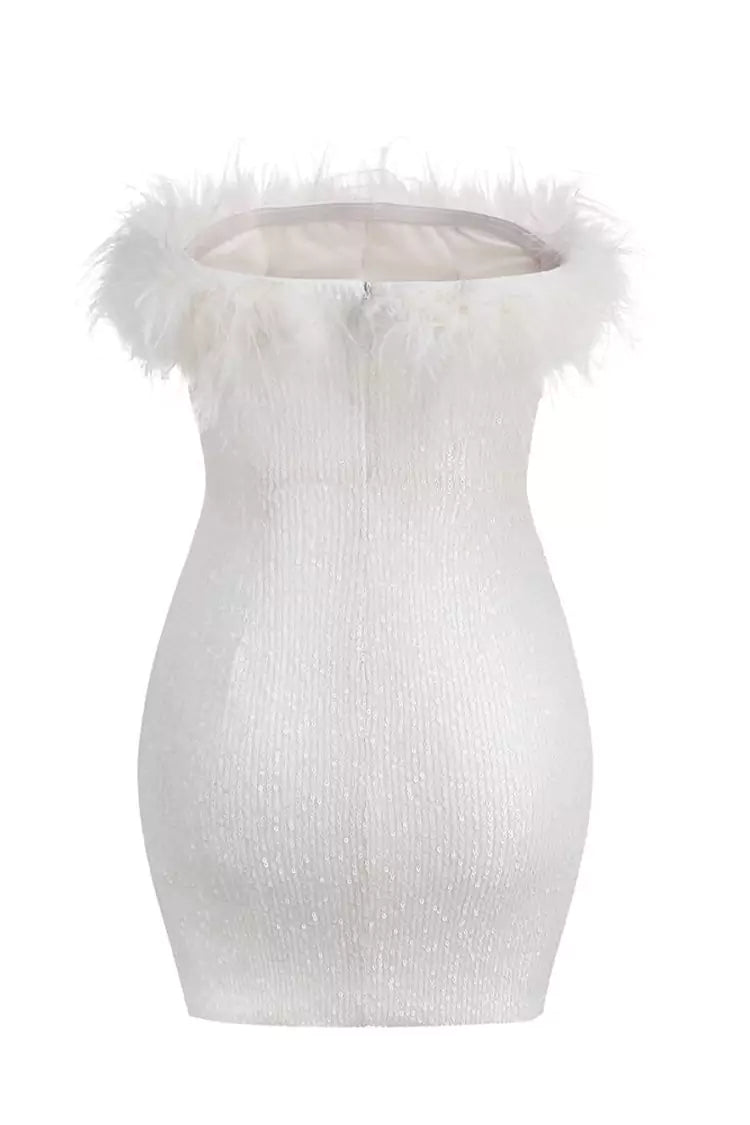 Peira Sequin Feather MIni Dress-White