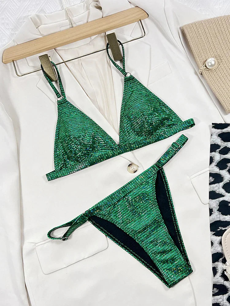 Gold glitter swimsuit shiny two piece bikini V-neck suspender swimwear high waist ackless bathing suit XMC185W