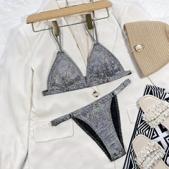 Gold glitter swimsuit shiny two piece bikini V-neck suspender swimwear high waist ackless bathing suit XMC185W