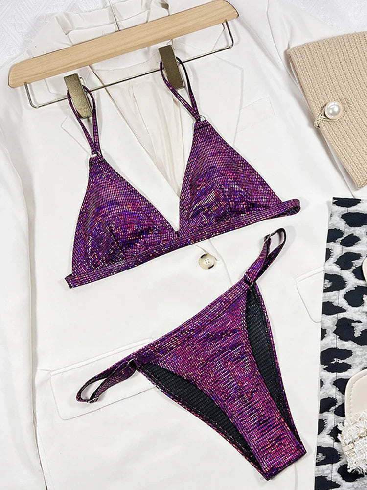 Gold glitter swimsuit shiny two piece bikini V-neck suspender swimwear high waist ackless bathing suit XMC185W