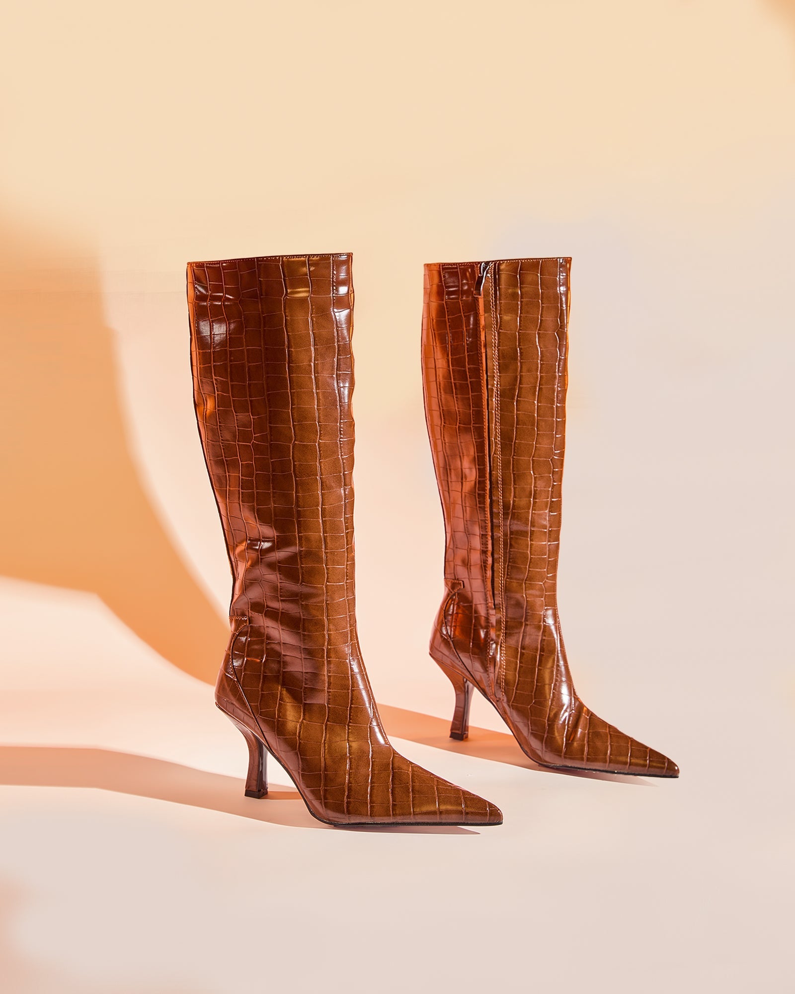 Grazia Croc Embossed Knee Hight Boots In Brown