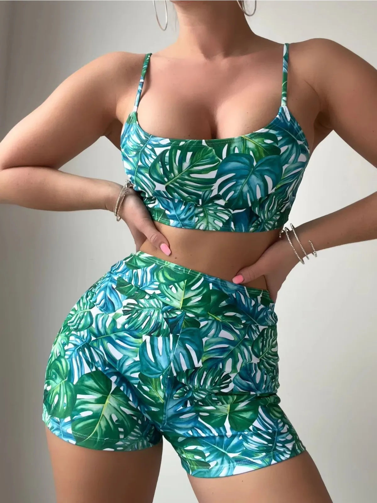 Green Leaf Print 2 Piece Swimsuit Women