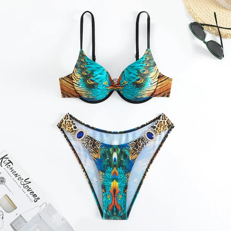 Green Peacock Print 2-piece Bikini