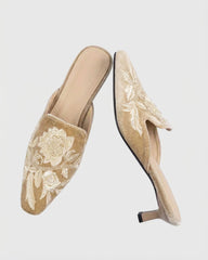 Greta Embroidered Satin Mules In Nude