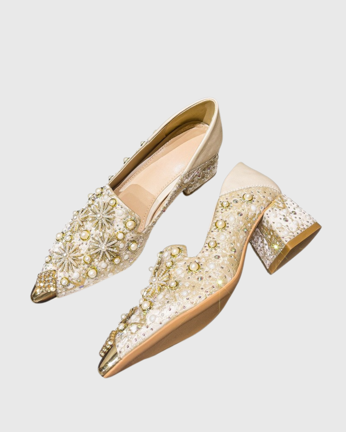 Greta Pearl Embellished Heels In Beige