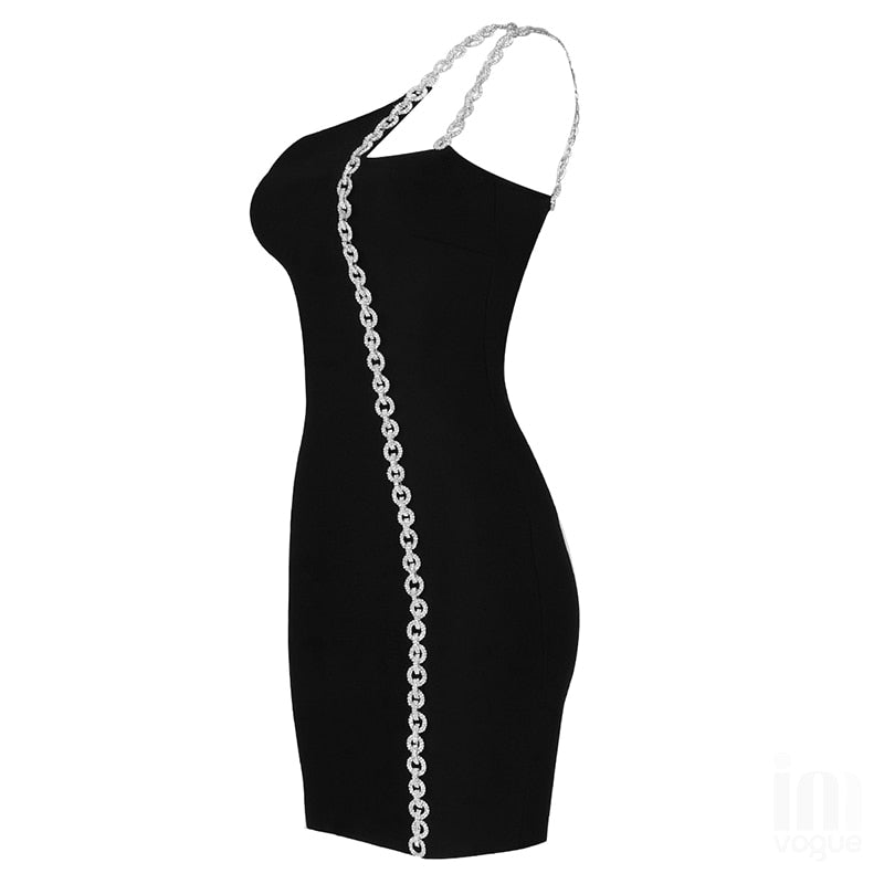 One-Shoulder Long Chain Mini Dress