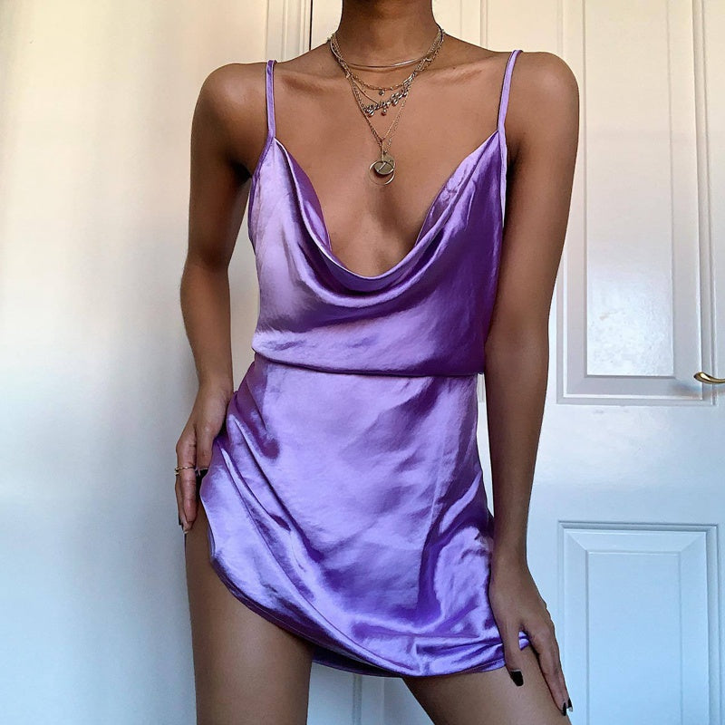 CHIC SATIN WAIST ADJUSTABLE STRAP DRESS-PURPLE
