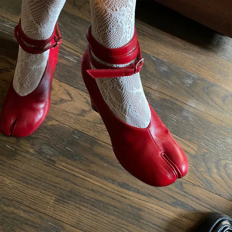 Split Toe Pumps Chunky Round Ankle Strap Buckle High Heels Red Leather Brand Design Winter Shoes Women