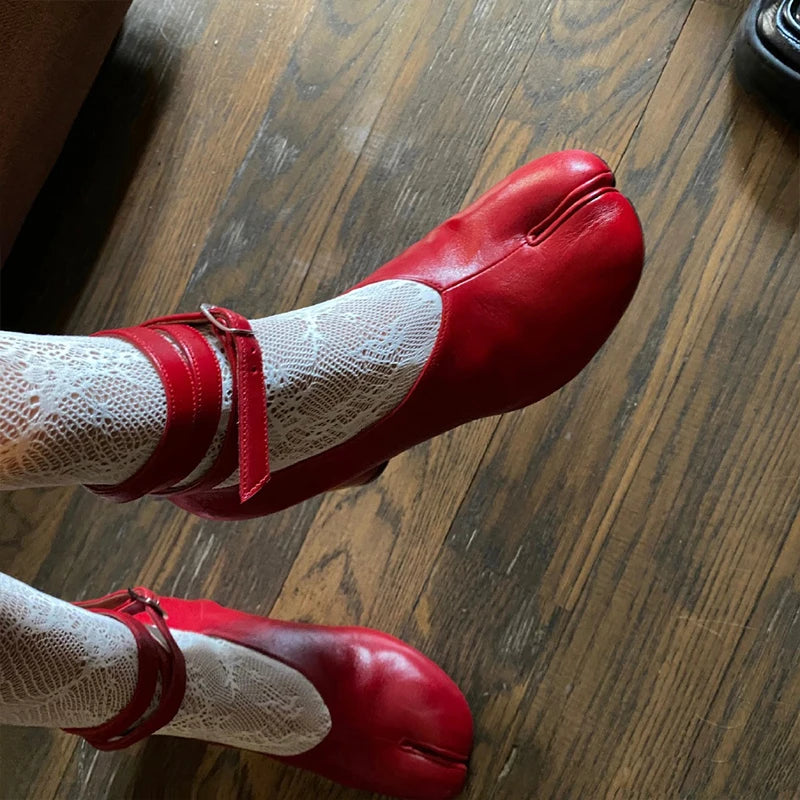 Split Toe Pumps Chunky Round Ankle Strap Buckle High Heels Red Leather Brand Design Winter Shoes Women