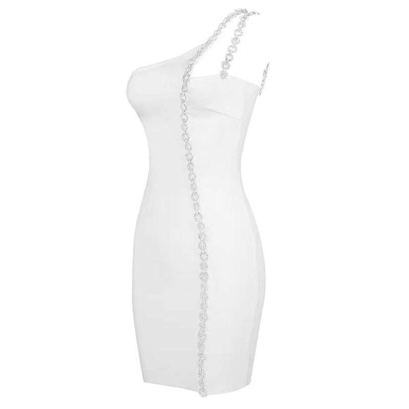 One-Shoulder Long Chain Mini Dress-White