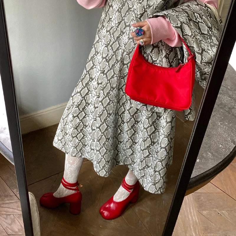 Split Toe Pumps Chunky Round Ankle Strap Buckle High Heels Red Leather Brand Design Winter Shoes Women