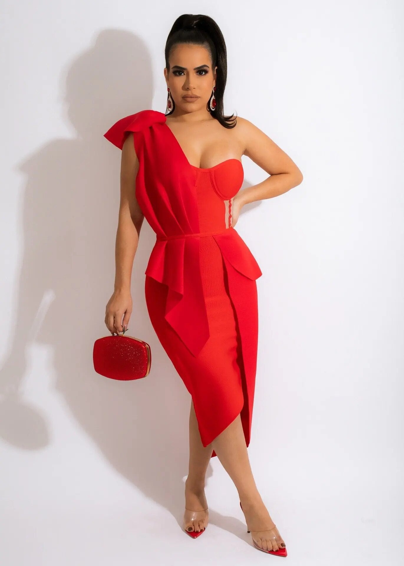 Irregular one-shoulder bow knot Midi Dress