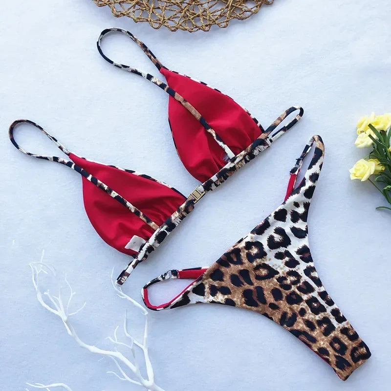 High Cut Micro Bikini Brown Leopard Bandage Push Up Bra Swimsuit Bathing Suit Padded Thong Swimwear Biquini 2026
