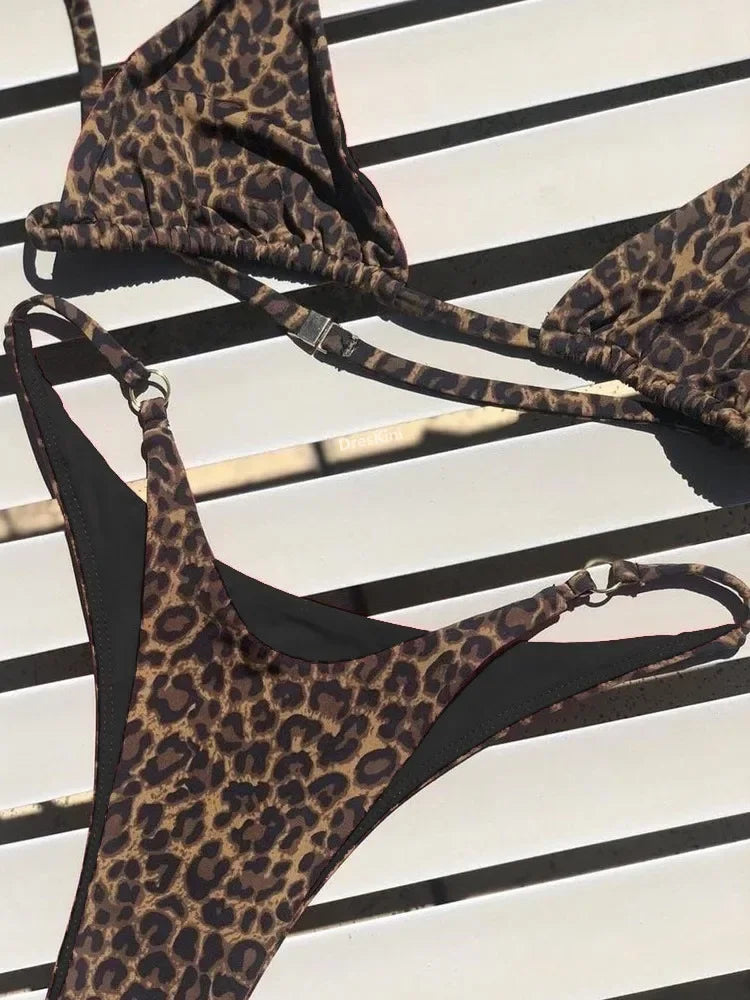 High Cut Micro Bikini Brown Leopard Bandage Push Up Bra Swimsuit Bathing Suit Padded Thong Swimwear Biquini 2026