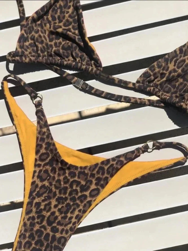 High Cut Micro Bikini Brown Leopard Bandage Push Up Bra Swimsuit Bathing Suit Padded Thong Swimwear Biquini 2026