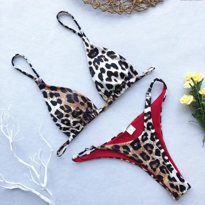 High Cut Micro Bikini Brown Leopard Bandage Push Up Bra Swimsuit Bathing Suit Padded Thong Swimwear Biquini 2026