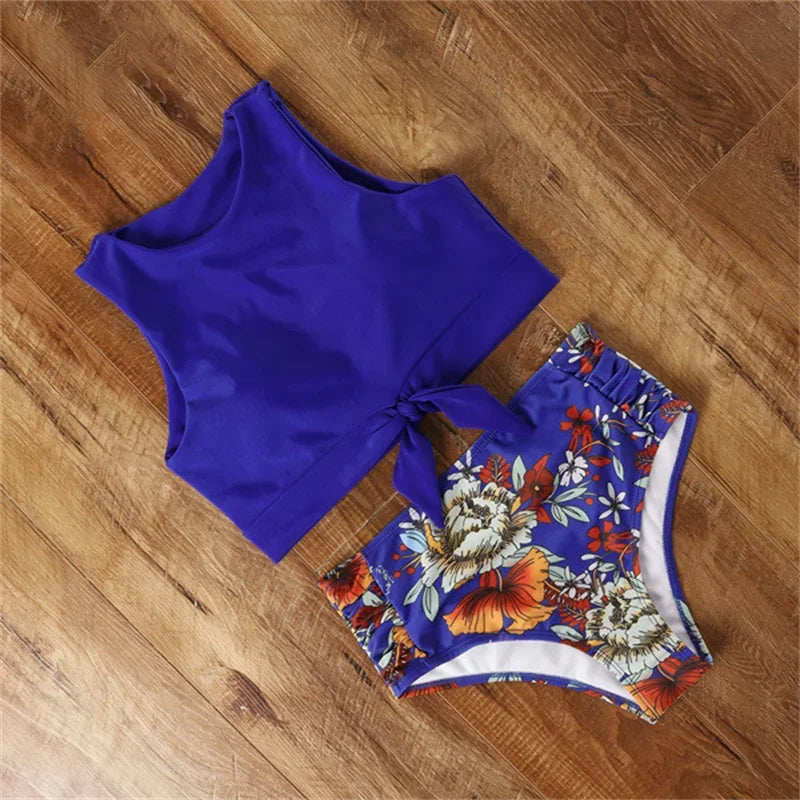 High Waist Bikini Swimwear Striped Leopard Front Tie Push Up Two Piece Swimsuit Beach Bathing Suit Vacation Outfits