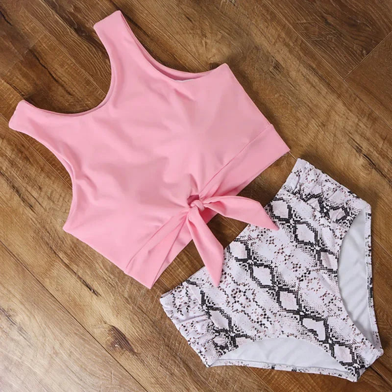 High Waist Bikini Swimwear Striped Leopard Front Tie Push Up Two Piece Swimsuit Beach Bathing Suit Vacation Outfits