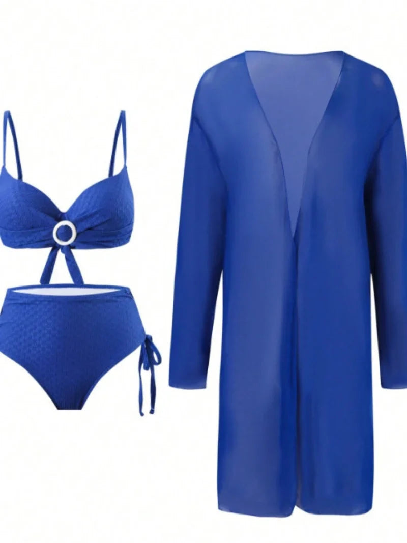 Holiday Long Sleeve Cover Up 3 Piece Bikini Set