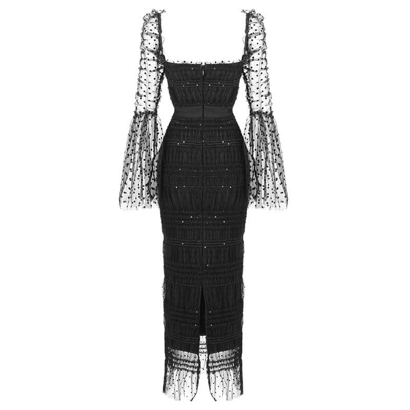 Polka Dot Black Mesh Midi Dress