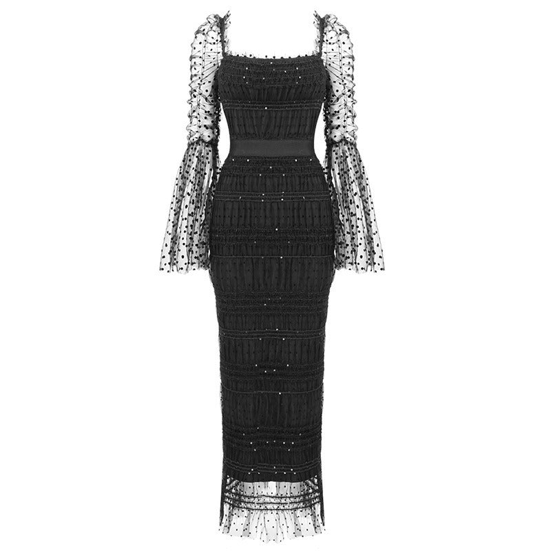Polka Dot Black Mesh Midi Dress