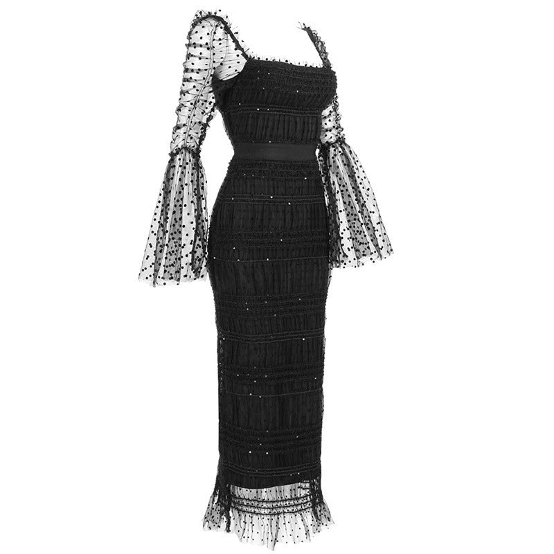 Polka Dot Black Mesh Midi Dress