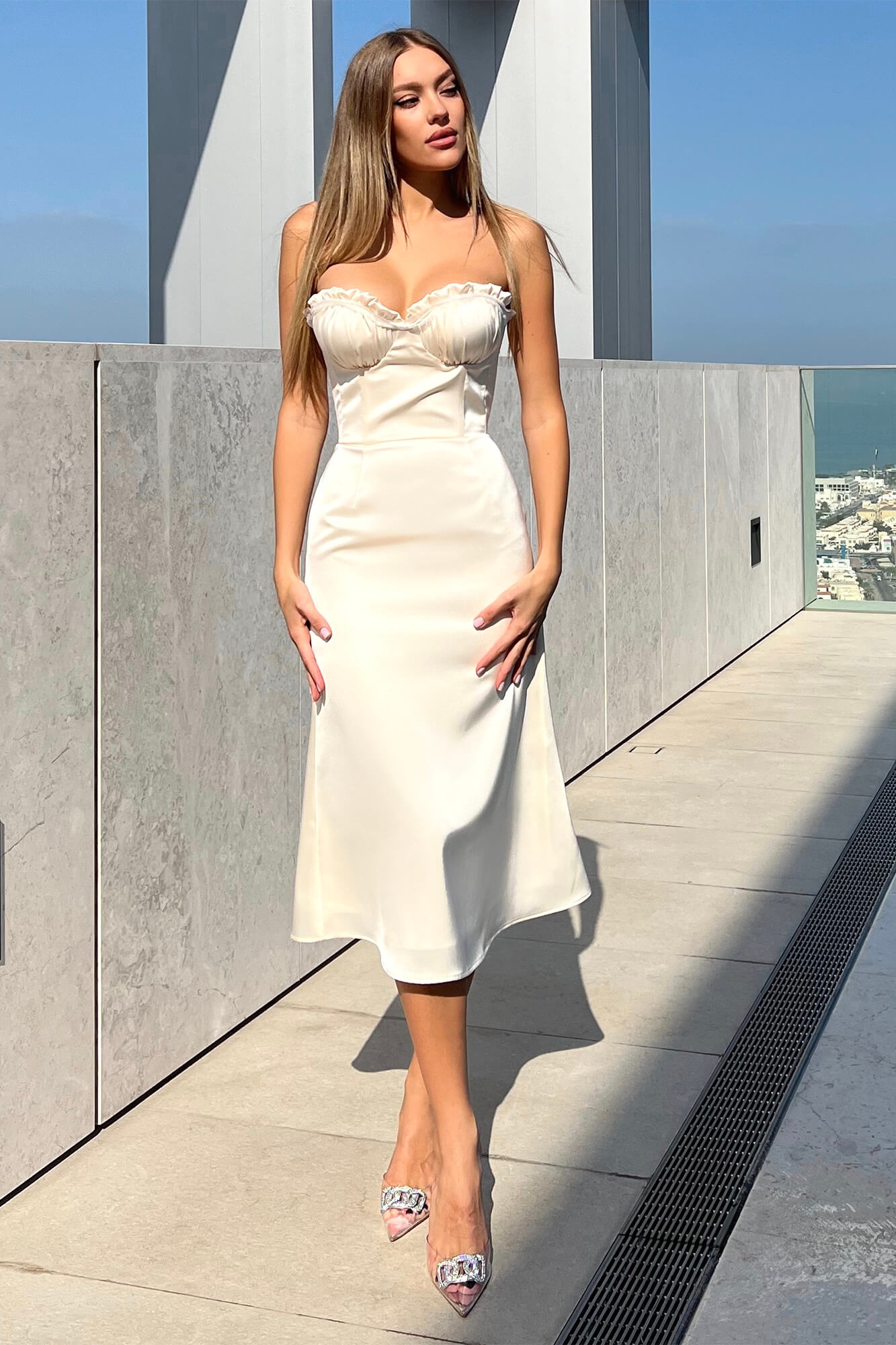 Alyia Bustier Draped Sequin Midi Dress