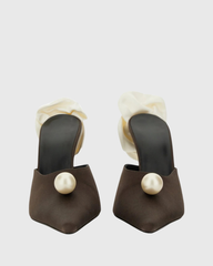 Isotta Flower Embellished Pearl Satin Mules In Brown