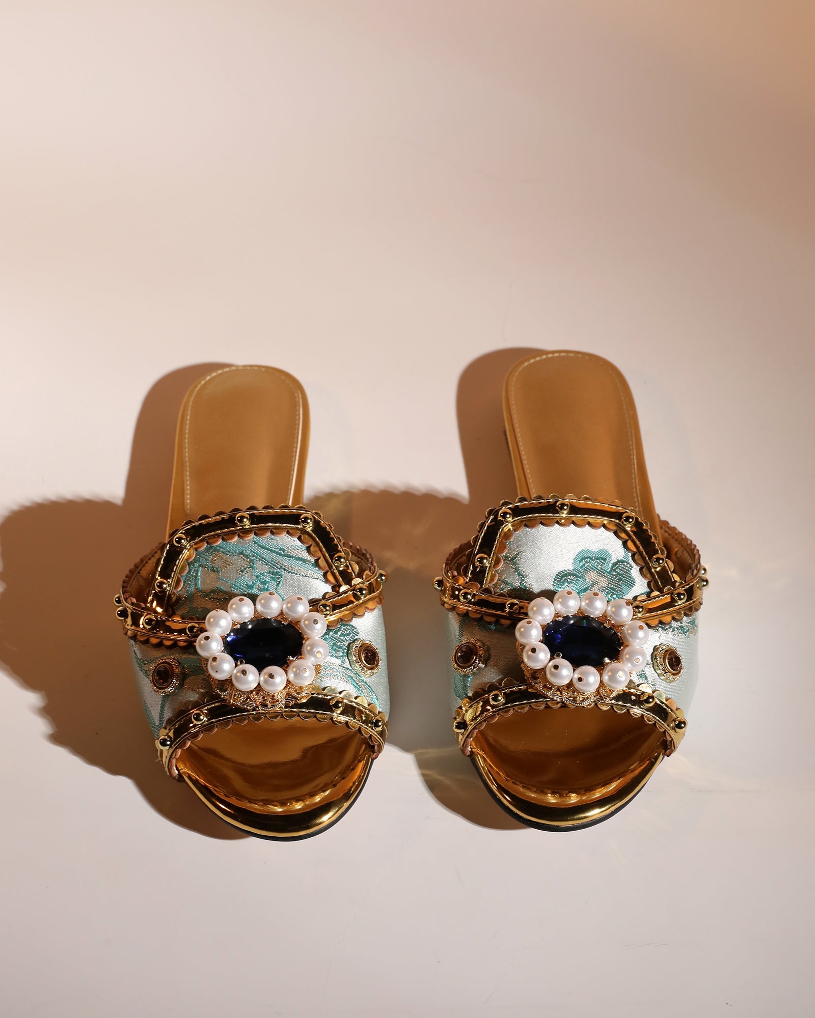Jewel Vintage Embellished Slippers In Blue