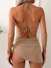 Khaki Mesh Skirt 3 Piece Swimsuit Patchwork Push Up Bra High Waist Bikini Set