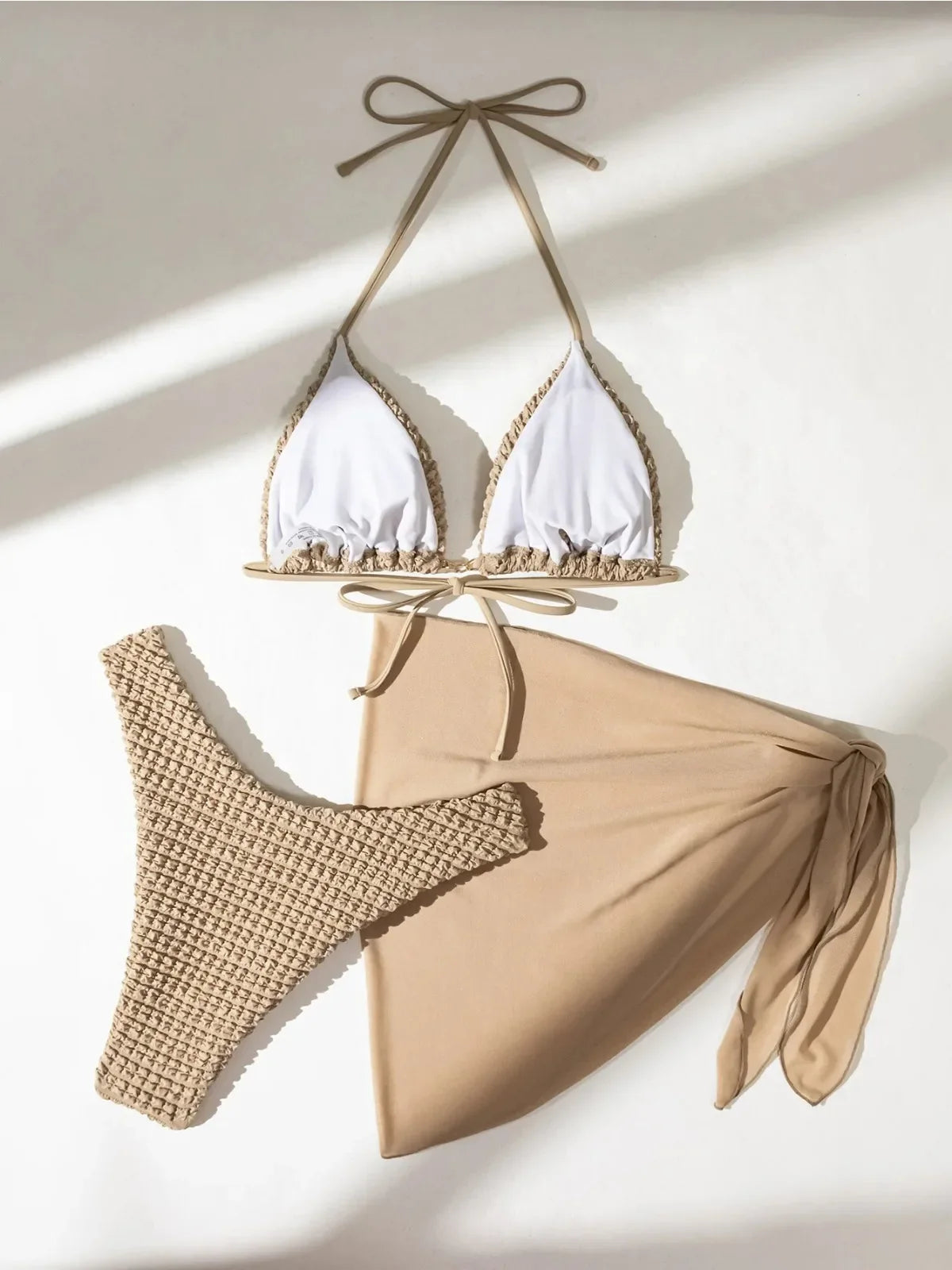 Khaki Mesh Skirt 3 Piece Swimsuit Patchwork Push Up Bra High Waist Bikini Set