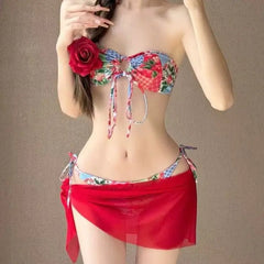 Korean Fashion Swimwear Red Floral Print Bandeau Bandage Push Up Mesh Skirt 3 Piece Bikini Set