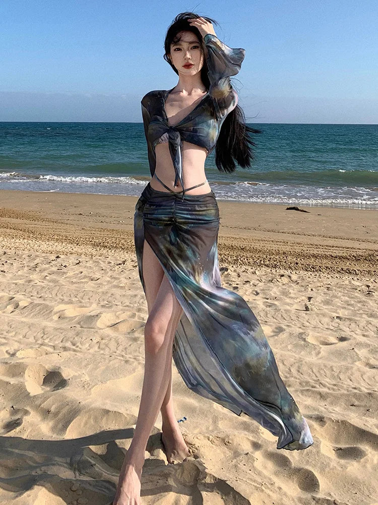 Korean Swimsuit Black Tie Dye Long Sleeve Cover Up  Long Skirt 4 Piece Bikini Set