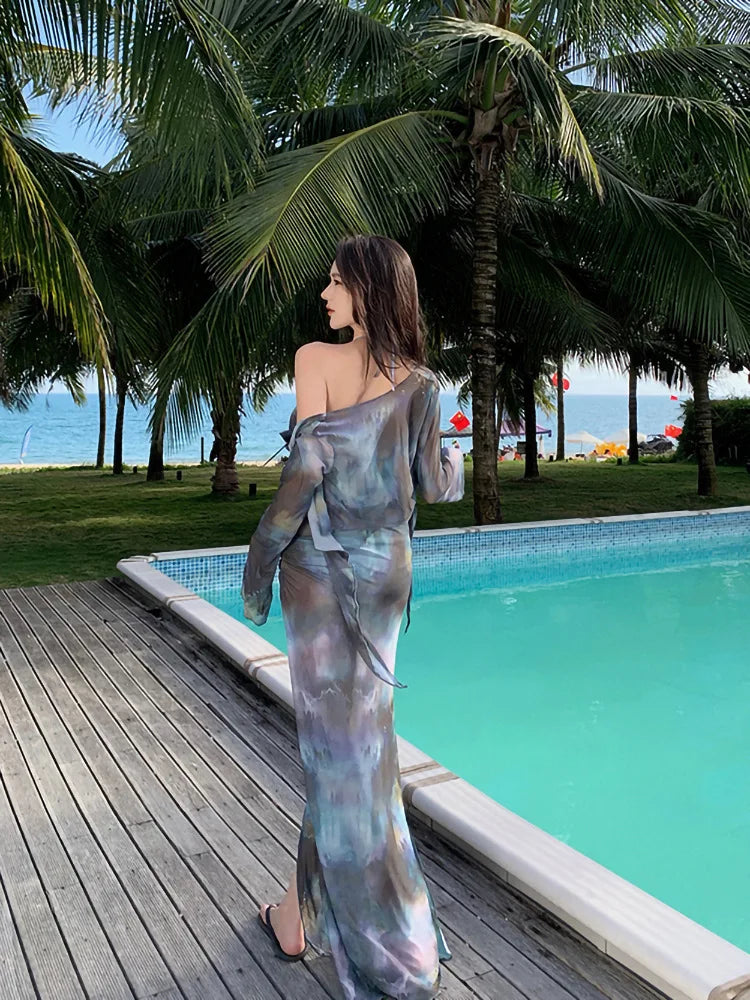 Korean Swimsuit Black Tie Dye Long Sleeve Cover Up  Long Skirt 4 Piece Bikini Set