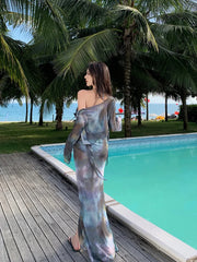 Korean Swimsuit Black Tie Dye Long Sleeve Cover Up  Long Skirt 4 Piece Bikini Set