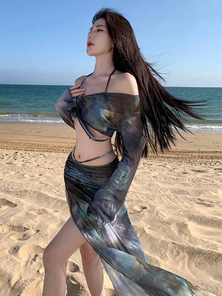 Korean Swimsuit Black Tie Dye Long Sleeve Cover Up  Long Skirt 4 Piece Bikini Set