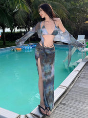 Korean Swimsuit Black Tie Dye Long Sleeve Cover Up  Long Skirt 4 Piece Bikini Set